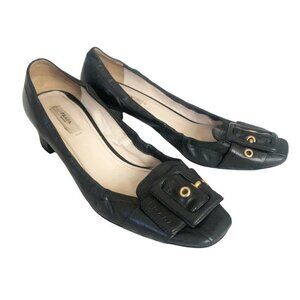 Prada Black Leather Flats with Gold Buckle